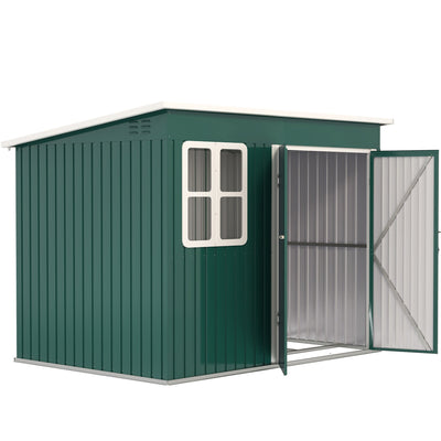 Green 8x6ft metal garden shed with pent roof, window and one door open on a white background