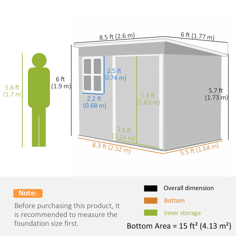 Dimension diagram showing the shed 2.6m wide, 1.77m deep and 1.73m high beside a person outline