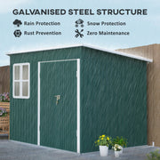 Green shed in heavy rain, labelled galvanised steel structure with rain, snow and rust protection