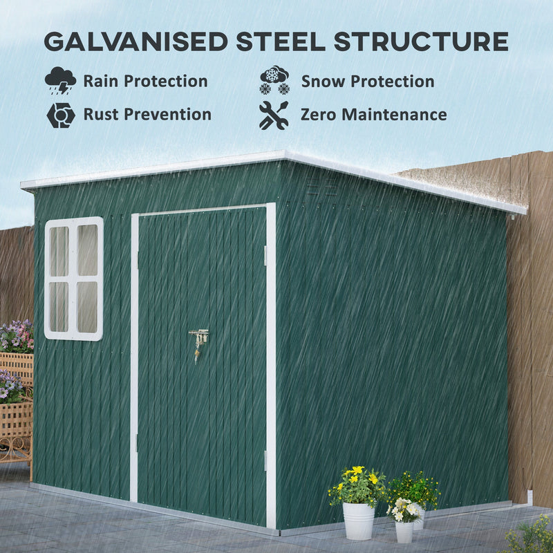 Green shed in heavy rain, labelled galvanised steel structure with rain, snow and rust protection