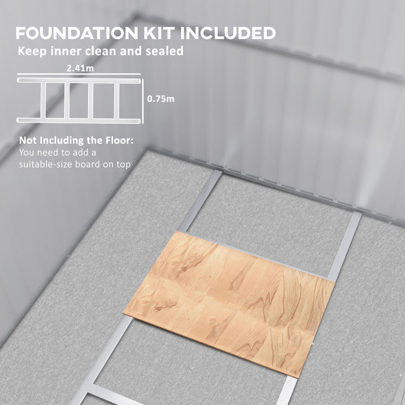 Included foundation kit shown at 2.41m by 0.75m with a wooden floorboard laid on top