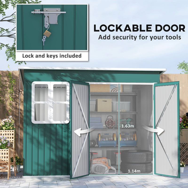 Both shed doors open showing the 1.14m wide by 1.63m high opening, with lock and keys inset