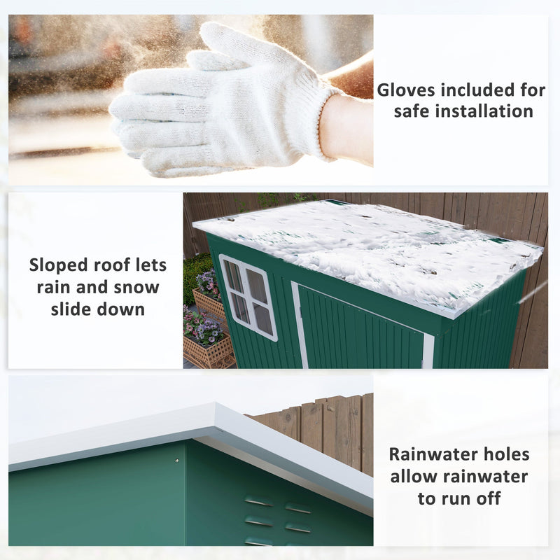 Three panels showing the included work gloves, sloped snow-shedding roof and rainwater holes