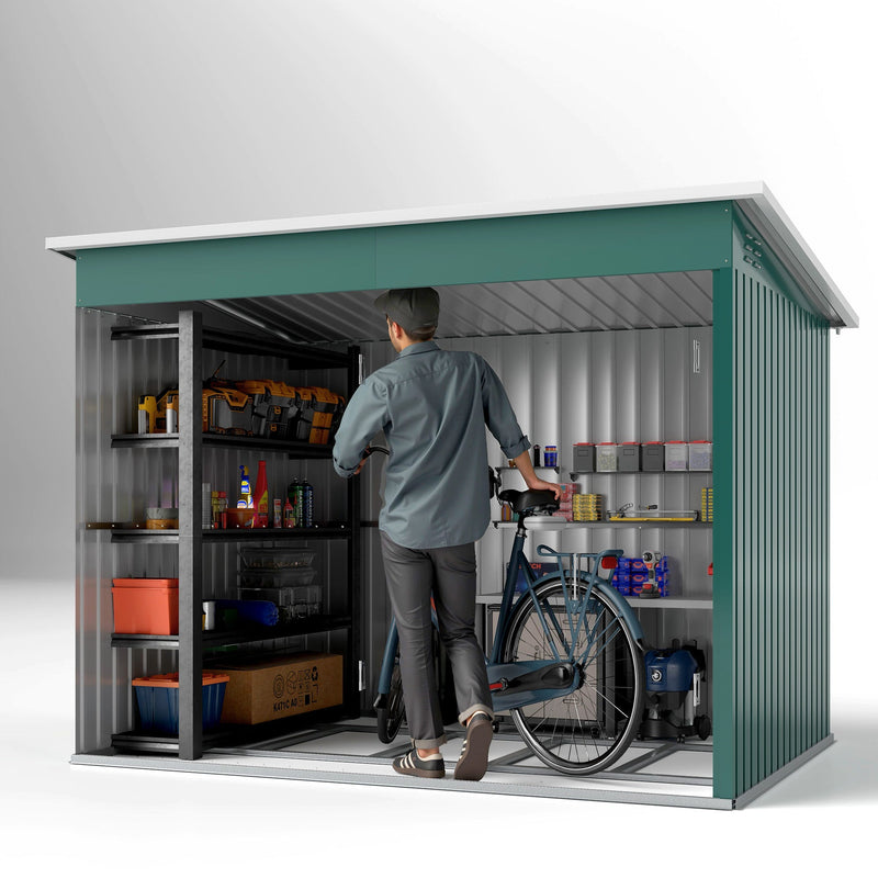 Cutaway view of the shed interior with a man wheeling a bicycle past shelves of tools