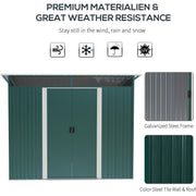 Green shed front elevation with wind, snow, rain and UV icons above galvanised steel frame close-ups