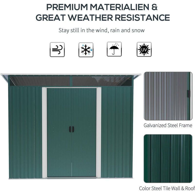 Green shed front elevation with wind, snow, rain and UV icons above galvanised steel frame close-ups