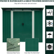 Green pent roof metal garden shed seen head on, with galvanised steel frame and wall panel close-ups