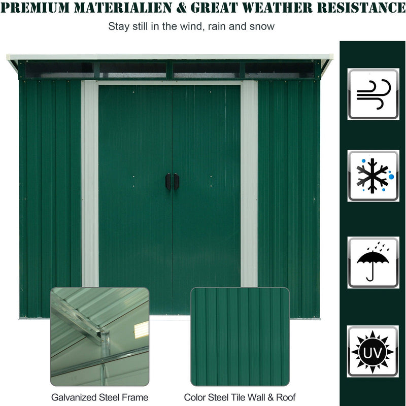 Green pent roof metal garden shed seen head on, with galvanised steel frame and wall panel close-ups