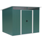 Studio three-quarter view of the green metal garden shed with its pent roof and closed double doors