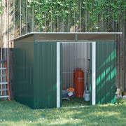 Green metal shed against a garden fence with the doors open and a gas bottle and tools stored inside