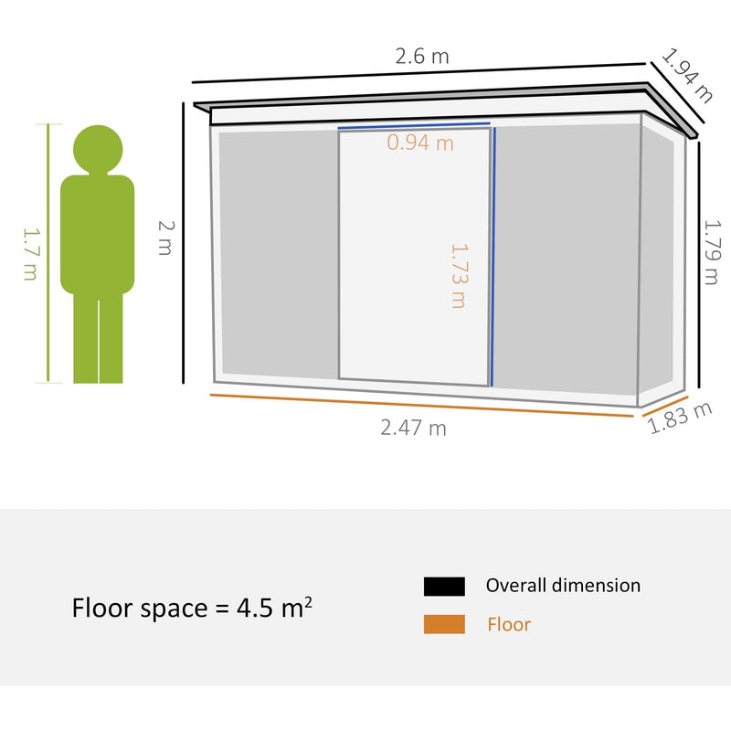 Dimension diagram of the 9x6ft shed: 2.6m wide, 1.94m deep, 2m to 1.79m high, with a 4.5 square metre floor