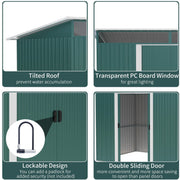 Four shed features: the pent roof, a transparent PC board window, the padlock hasp and double sliding doors