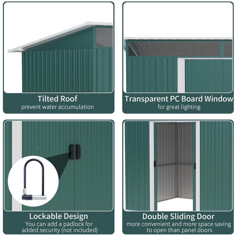 Four shed features: the pent roof, a transparent PC board window, the padlock hasp and double sliding doors