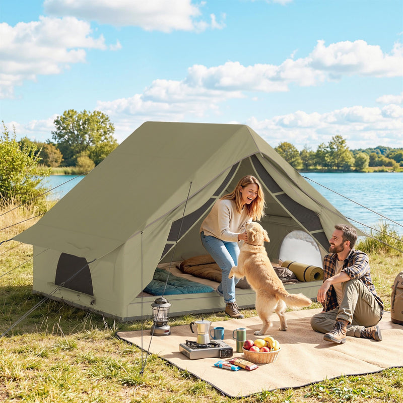 green Inflatable camping tent with windows and stitched in ground sheet  for 2-4 people