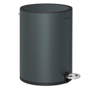 Greenish grey steel pedal bin with the lid closed on a white background