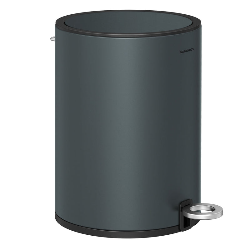 Greenish grey steel pedal bin with the lid closed on a white background
