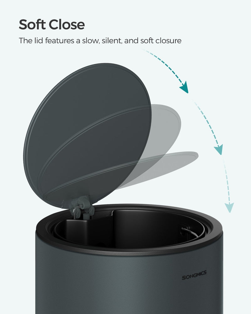 Open bin with arrows showing the lid closing slowly on its soft-close hinge