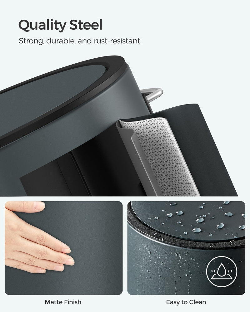Close-up of the matte steel body with water beading on the lid