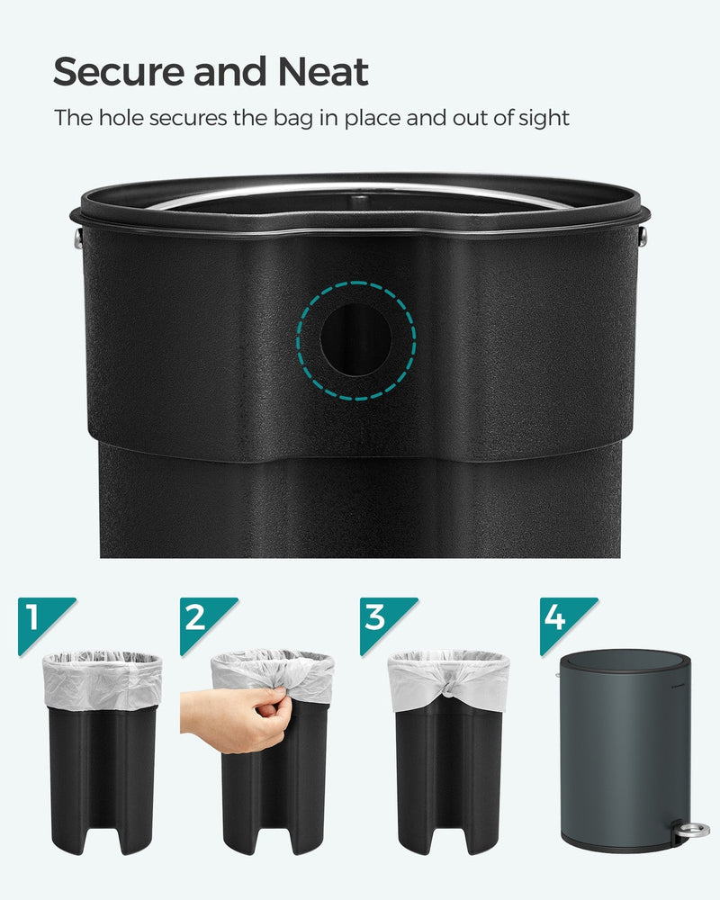 Hole in the bucket rim holding a bin bag, with four steps showing how to fit it