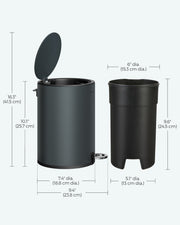 Dimension diagram showing the bin at 18.8 cm across and 25.7 cm tall beside the inner bucket