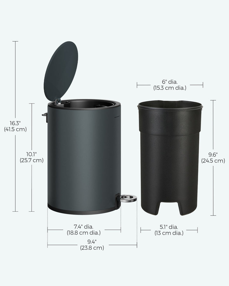 Dimension diagram showing the bin at 18.8 cm across and 25.7 cm tall beside the inner bucket