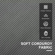 Close-up of the corduroy fabric ribbing with texture and durability icon panel