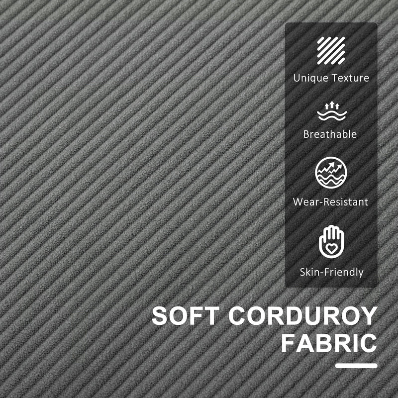 Close-up of the corduroy fabric ribbing with texture and durability icon panel