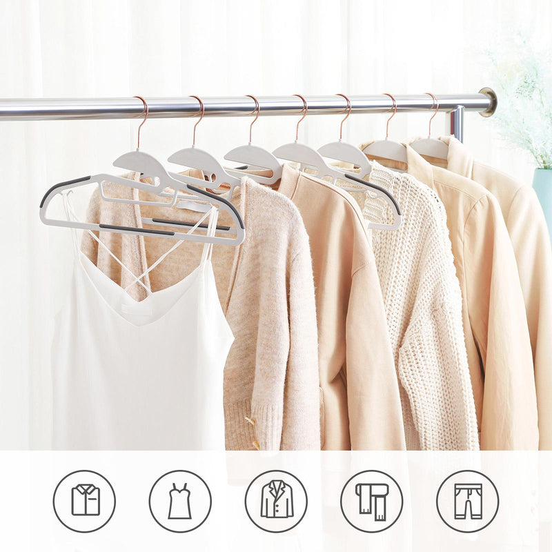 Hangers holding clothes on a rail with icons showing suitability for shirts, dresses, jackets, scarves and trousers