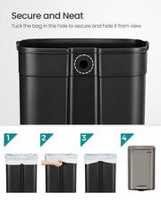 Inner bucket rim hole used to tuck the bin bag out of sight, shown in three steps