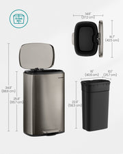 Dimensions diagram of the 50 L grey pedal bin with heights, top view and inner bucket size