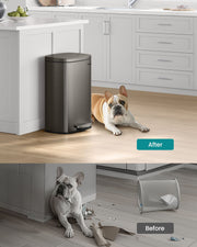 Grey pedal bin in a kitchen beside a dog, with a before shot of a toppled open bin