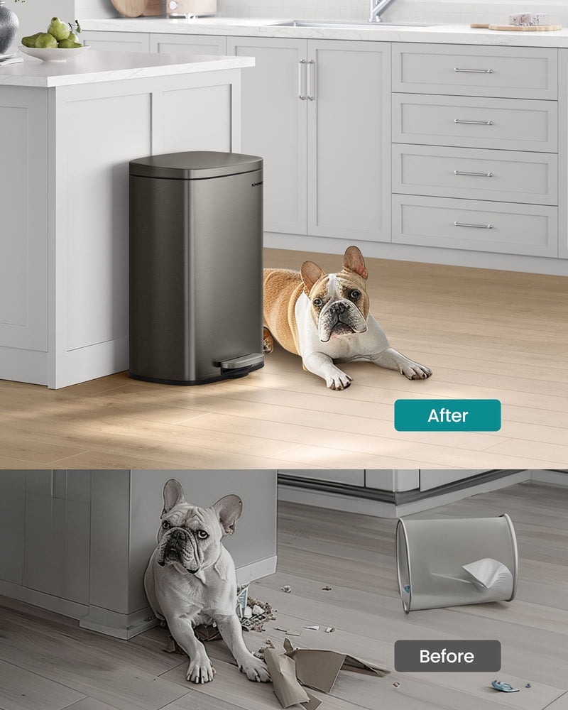 Grey pedal bin in a kitchen beside a dog, with a before shot of a toppled open bin