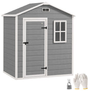 Grey 6x4ft Outsunny plastic garden shed with apex roof, front window, lockable door, padlock and gloves