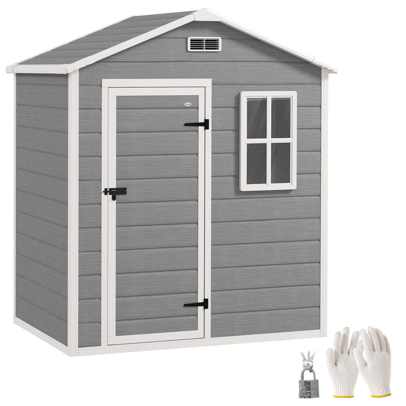 Grey 6x4ft Outsunny plastic garden shed with apex roof, front window, lockable door, padlock and gloves