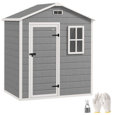 Grey 6x4ft Outsunny plastic garden shed with apex roof, front window, lockable door, padlock and gloves