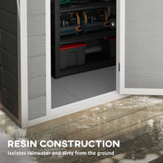 Feature panel showing the built-in resin floor that keeps rainwater and dirt off stored items