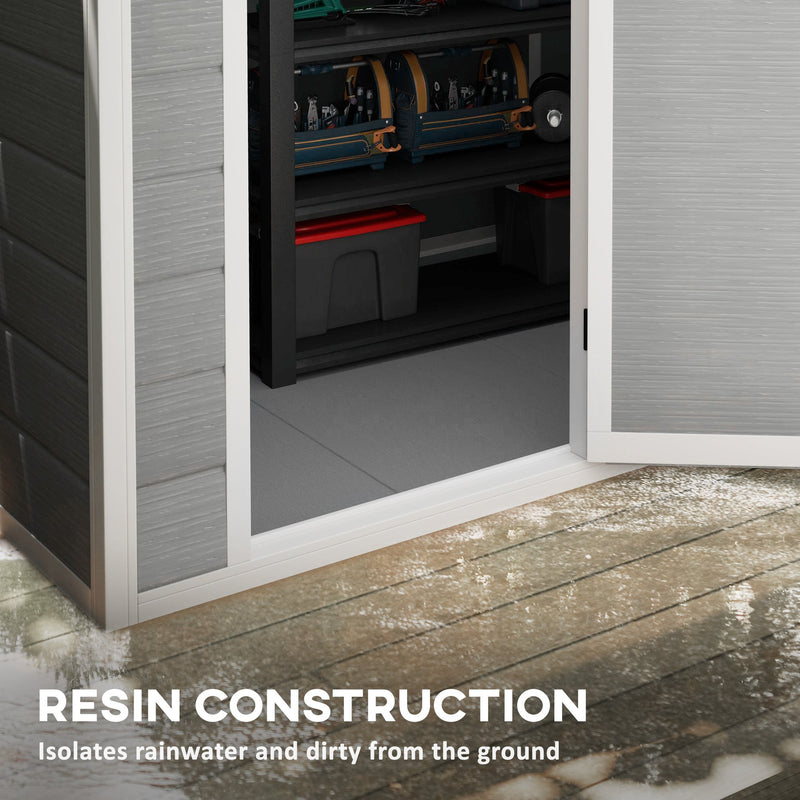 Feature panel showing the built-in resin floor that keeps rainwater and dirt off stored items