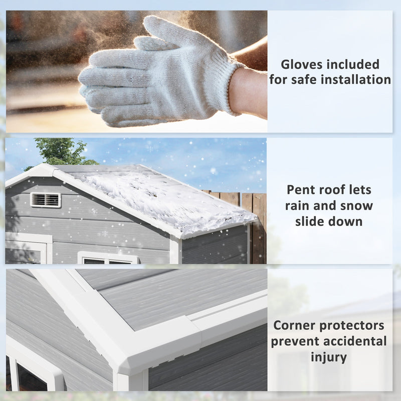Feature panel showing the included gloves, snow sliding off the sloped roof and corner protectors