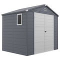 Dark grey 8x6ft plastic garden shed with apex roof, white double doors and a side window