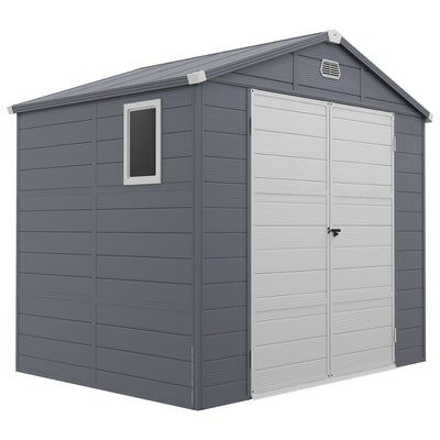 Dark grey 8x6ft plastic garden shed with apex roof, white double doors and a side window