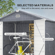 Rain falling on the open shed, labelled galvanised steel frame and PP board body