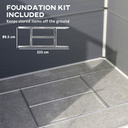 Included foundation kit shown at 225cm by 89.5cm, fitted inside the shed on a paved base