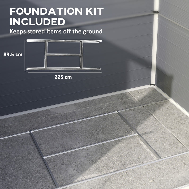 Included foundation kit shown at 225cm by 89.5cm, fitted inside the shed on a paved base