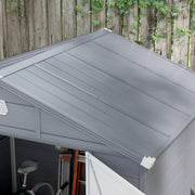 Overhead view of the shed's grey apex roof panels and ridge line