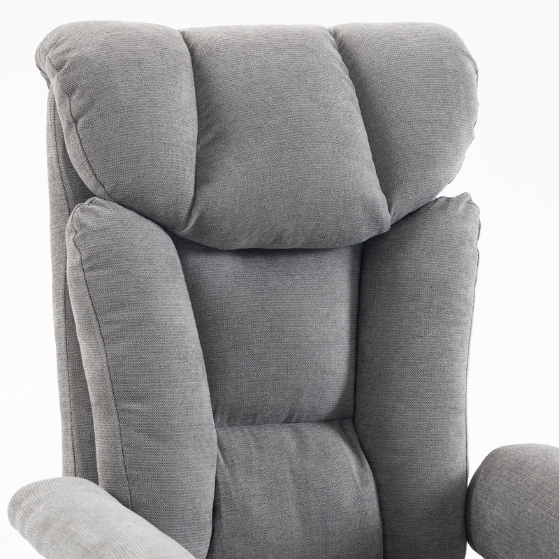 Close-up of the padded high back in grey linen-look fabric