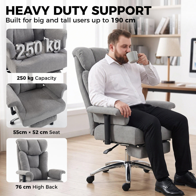 Man sitting in the grey office chair with callouts for 250 kg capacity and 55 x 52 cm seat