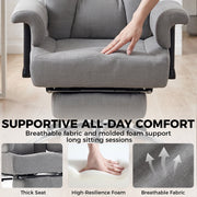 Hand pressing the thick padded seat of the grey office chair with comfort callouts