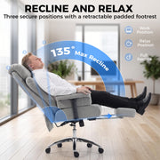 Man reclining to 135 degrees in the office chair with footrest extended