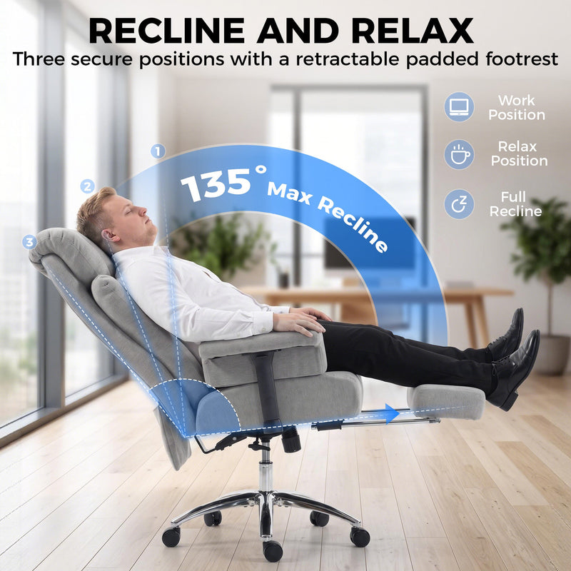 Man reclining to 135 degrees in the office chair with footrest extended