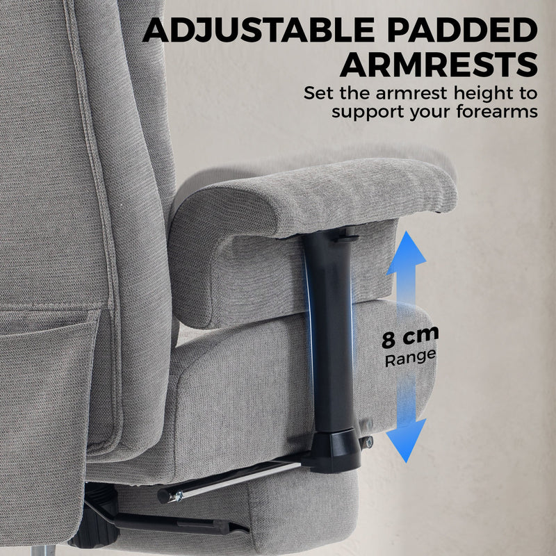 Close-up of the adjustable padded armrest with an 8 cm height range